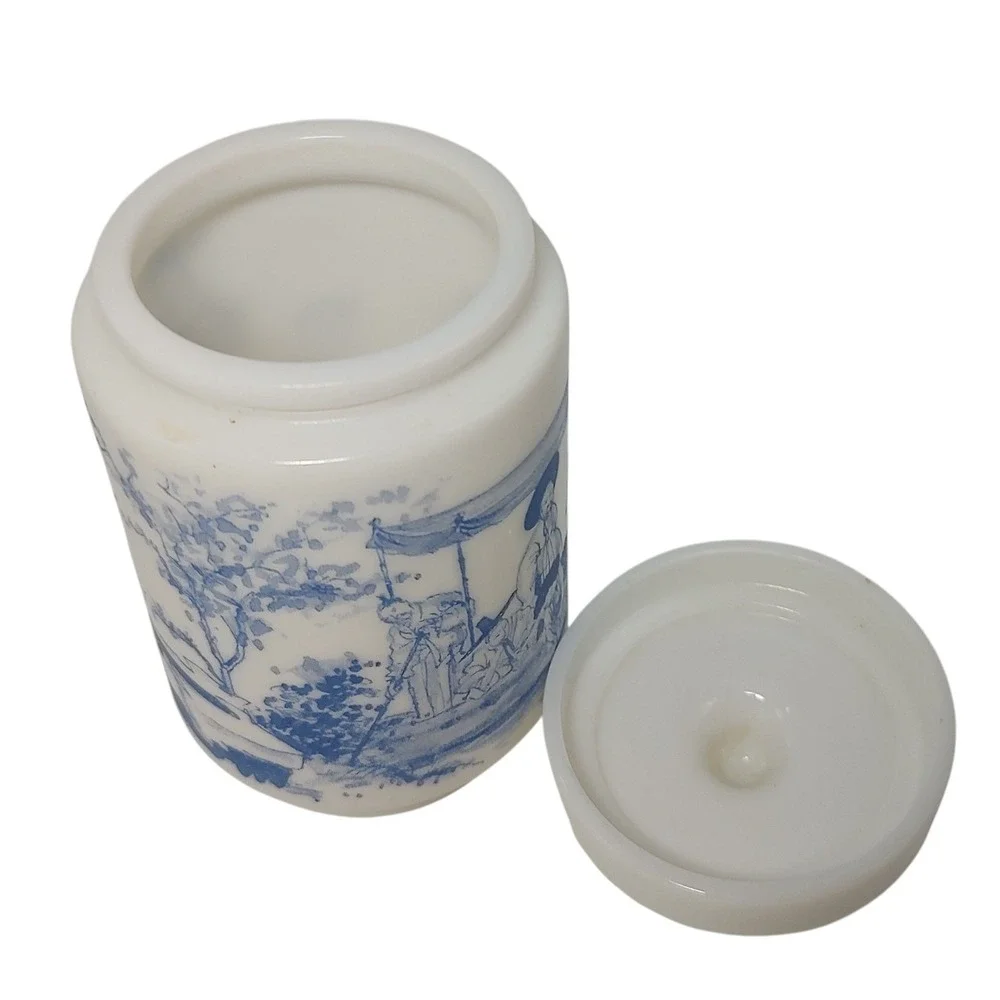 Vintage Belgium Milk Glass Japan Blue White Village Men‎ Women Boats with Lid
